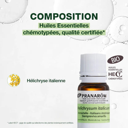 BOUTEILLE D'HUILE ESSENTIELLE D'IMMORTELLE ALIAS HÉLICHRYSE DE MARQUE PRANAROM AVEC SA COMPOSITION