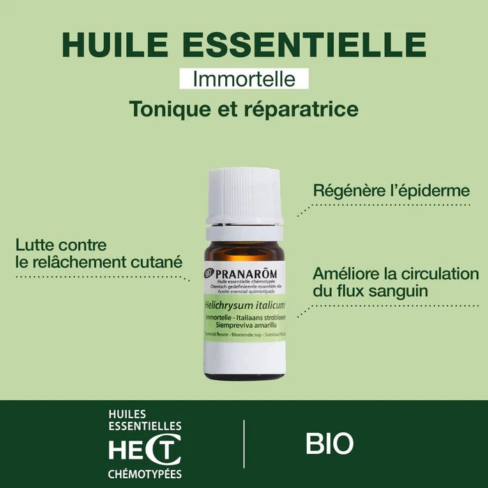 BOUTEILLE D'HUILE ESSENTIELLE D'IMMORTELLE ALIAS HÉLICHRYSE DE MARQUE PRANAROM AVEC SES PROPRIÉTÉS