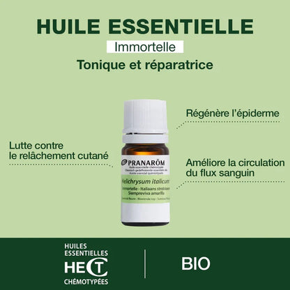BOUTEILLE D'HUILE ESSENTIELLE D'IMMORTELLE ALIAS HÉLICHRYSE DE MARQUE PRANAROM AVEC SES PROPRIÉTÉS