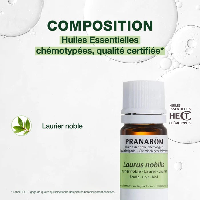 BOUTEILLE D'HUILE ESSENTIELLE DE LAURIER NOBLE DE MARQUE PRANAROM AVEC SA COMPOSITION