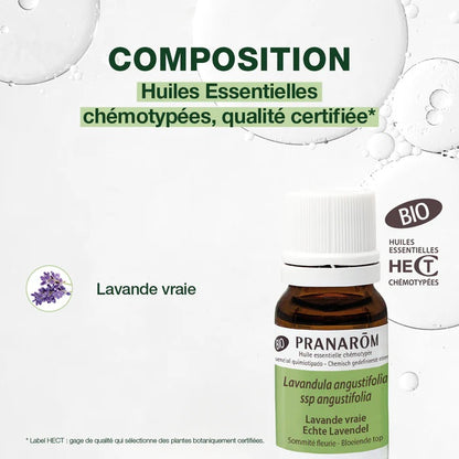 BOUTEILLE D'HUILE ESSENTIELLE DE LAVANDE VRAIE DE MARQUE PRANAROM AVEC SA COMPOSITION