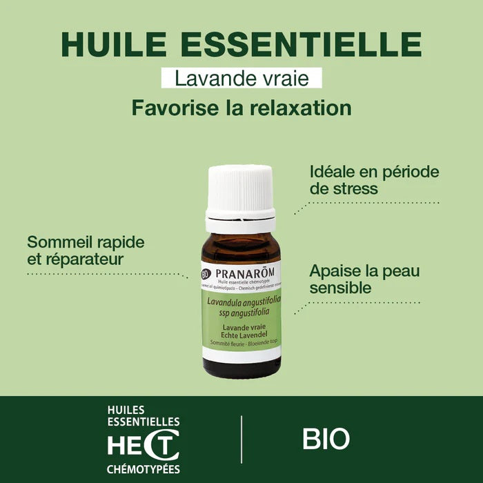 BOUTEILLE D'HUILE ESSENTIELLE DE LAVANDE VRAIE DE MARQUE PRANAROM AVEC SES PROPRIÉTÉS