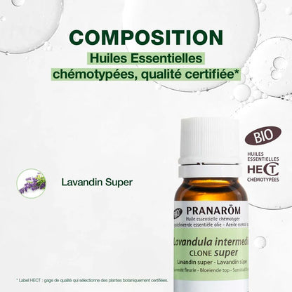 BOUTEILLE D'HUILE ESSENTIELLE DE LAVANDIN SUPER DE MARQUE PRANAROM AVEC SA COMPOSITION