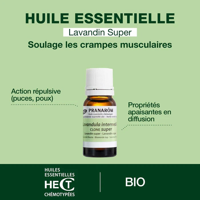 BOUTEILLE D'HUILE ESSENTIELLE DE LAVANDIN SUPER DE MARQUE PRANAROM AVEC SES PROPRIÉTÉS