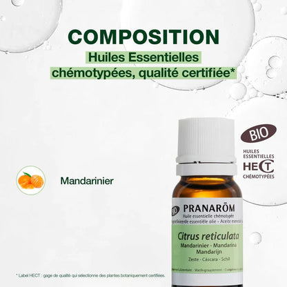 BOUTEILLE D'HUILE ESSENTIELLE DE MANDARINIER (MANDARINE) DE MARQUE PRANAROM AVEC SA COMPOSITION