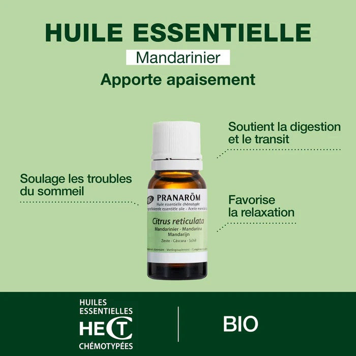 BOUTEILLE D'HUILE ESSENTIELLE DE MANDARINIER (MANDARINE) DE MARQUE PRANAROM AVEC SES PROPRIÉTÉS