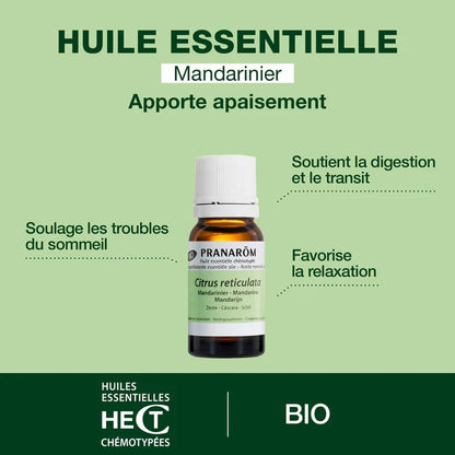BOUTEILLE D'HUILE ESSENTIELLE DE MANDARINIER (MANDARINE) DE MARQUE PRANAROM AVEC SES PROPRIÉTÉS