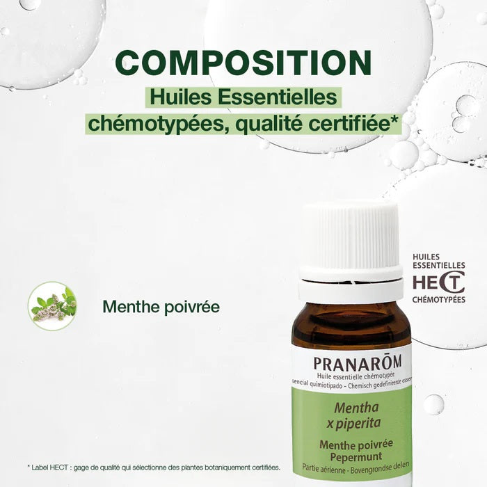 BOUTEILLE D'HUILE ESSENTIELLE DE MENTHE POIVRÉE DE MARQUE PRANAROM AVEC SA COMPOSITION