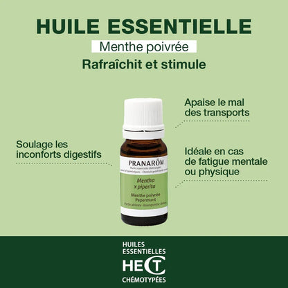 BOUTEILLE D'HUILE ESSENTIELLE DE MENTHE POIVRÉE DE MARQUE PRANAROM AVEC SES PROPRIÉTÉS