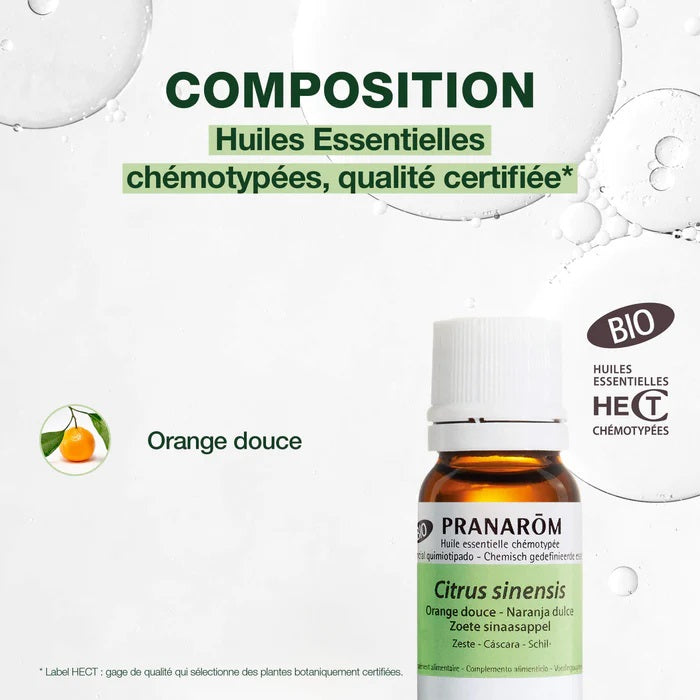 BOUTIELLE D'HUILE ESSENTIELLE D'ORANGE DOUCE DE MARQUE PRANAROM AVEC SA COMPOSITION