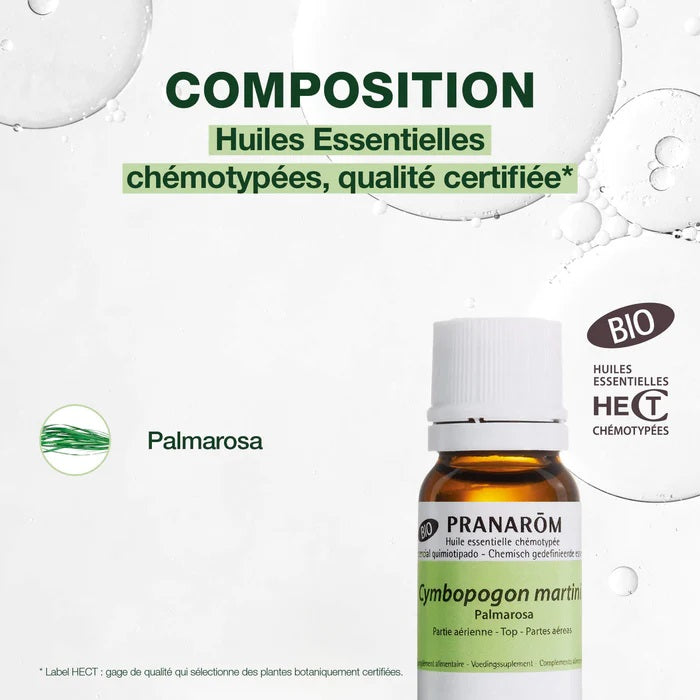 BOUTEILLE D'HUILE ESSENTIELLE DE PALMAROSA DE MARQUE PRANAROM AVEC SA COMPOSITION