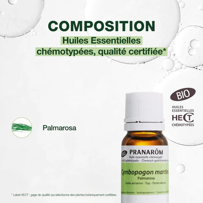BOUTEILLE D'HUILE ESSENTIELLE DE PALMAROSA DE MARQUE PRANAROM AVEC SA COMPOSITION