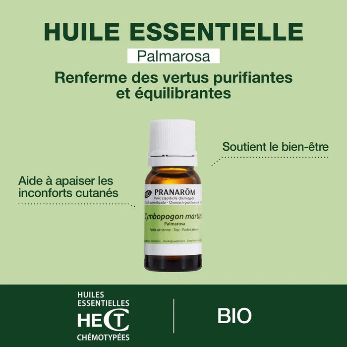 BOUTEILLE D'HUILE ESSENTIELLE DE PALMAROSA DE MARQUE PRANAROM AVEC SES PROPRIÉTÉS