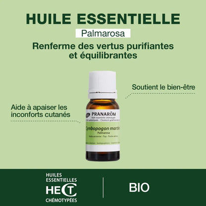 BOUTEILLE D'HUILE ESSENTIELLE DE PALMAROSA DE MARQUE PRANAROM AVEC SES PROPRIÉTÉS