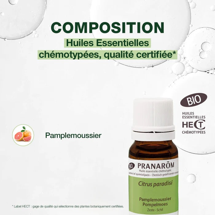 BOUTEILLE D'HUILE ESSENTIELLE DE PAMPLEMOUSSIER ALIAS PAMPLEMOUSSE DE MARQUE PRANAROM AVEC SA COMPOSITION