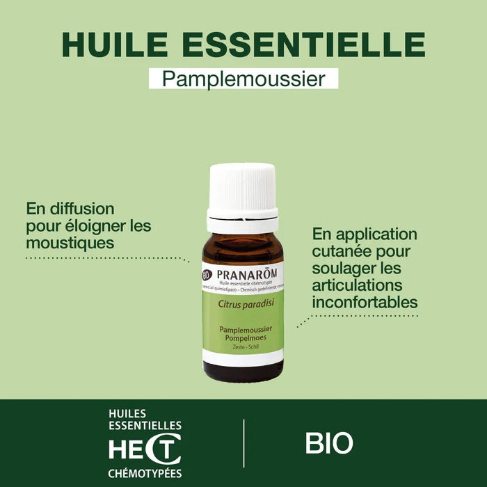 BOUTEILLE D'HUILE ESSENTIELLE DE PAMPLEMOUSSIER ALIAS PAMPLEMOUSSE DE MARQUE PRANAROM AVEC SES PROPRIÉTÉS