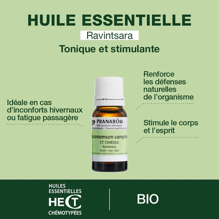 BOUTEILLE D'HUILE ESSENTIELLE DE RAVINTSARA DE MARQUE PRANAROM AVEC SES PROPRIÉTÉS
