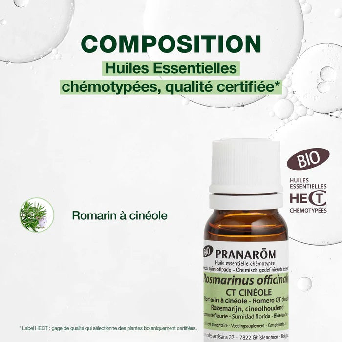 BOUTEILLE D'HUILE ESSENTIELLE DE ROMARIN À CINÉOLE DE MARQUE PRANAROM ET SA COMPOSITION