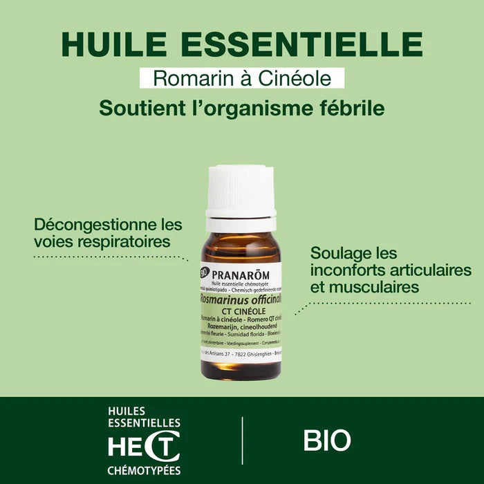 BOUTEILLE D'HUILE ESSENTIELLE DE ROMARIN À CINÉOLE DE MARQUE PRANAROM ET SES PROPRIÉTÉS