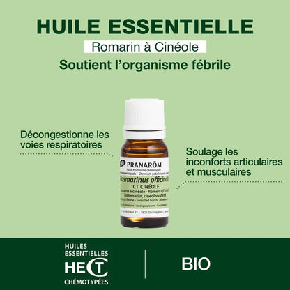 BOUTEILLE D'HUILE ESSENTIELLE DE ROMARIN À CINÉOLE DE MARQUE PRANAROM ET SES PROPRIÉTÉS