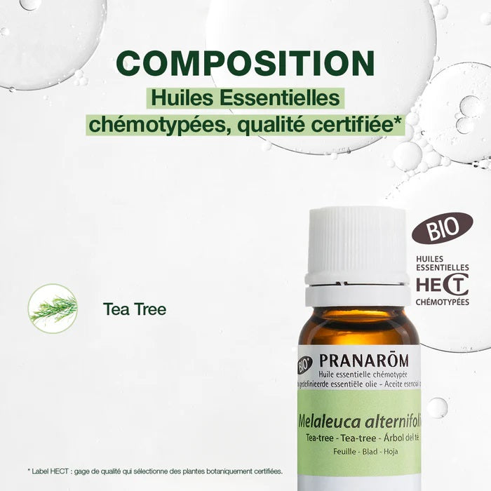 BOUTEILLE D'HUILE ESSENTIELLE DE TEA TREE DE MARQUE PRANAROM AVEC SA COMPOSITION