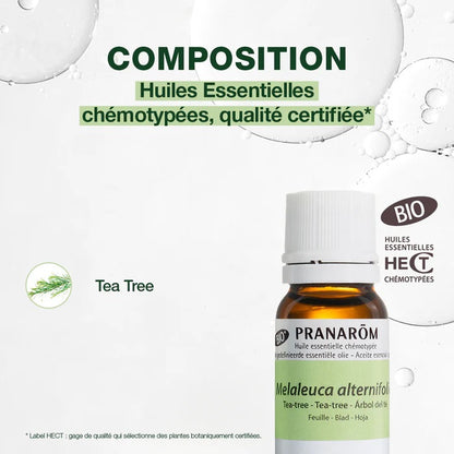 BOUTEILLE D'HUILE ESSENTIELLE DE TEA TREE DE MARQUE PRANAROM AVEC SA COMPOSITION