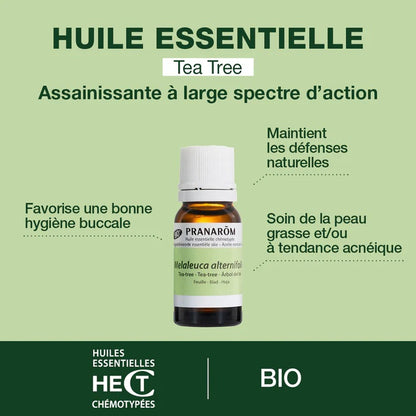 BOUTEILLE D'HUILE ESSENTIELLE DE TEA TREE DE MARQUE PRANAROM AVEC SES PROPRIÉTÉS