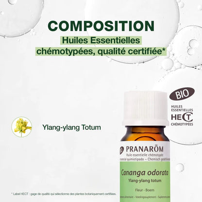 BOUTEILLE D'HUILE ESSENTIELLE D'YLANG-YLANG TOTUM DE MARQUE PRANAROM AVEC SA COMPOSITION