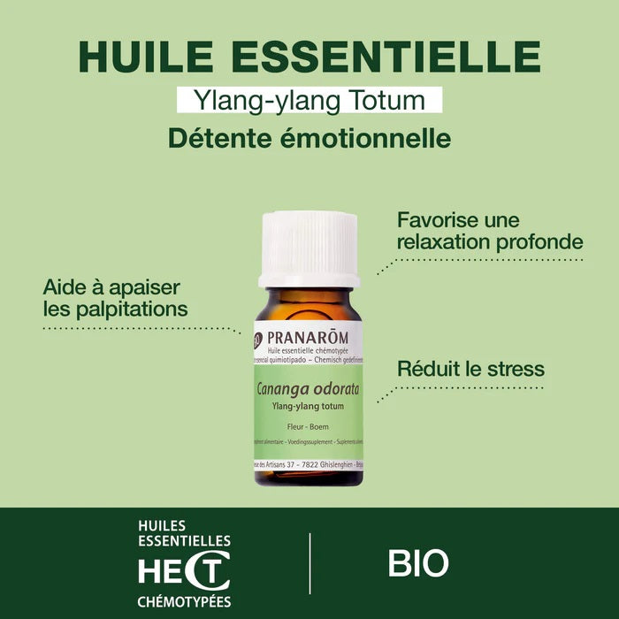 BOUTEILLE D'HUILE ESSENTIELLE D'YLANG-YLANG TOTUM DE MARQUE PRANAROM AVEC SES PROPRIÉTÉS