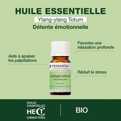 BOUTEILLE D'HUILE ESSENTIELLE D'YLANG-YLANG TOTUM DE MARQUE PRANAROM AVEC SES PROPRIÉTÉS
