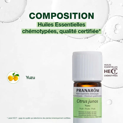 BOUTEILLE D'HUILE ESSENTIELLES DE YUZU DE MARQUE PRANAROM AVEC SA COMPOSITION