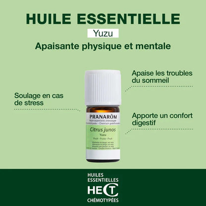 BOUTEILLE D'HUILE ESSENTIELLES DE YUZU DE MARQUE PRANAROM AVEC SES PROPRIÉTÉS