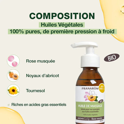 BOUTEILLE D'HUILE DE MASSAGE  AROMASELF BASE NEUTRE  DE MARQUE PRANAROM ET SA COMPOSITION