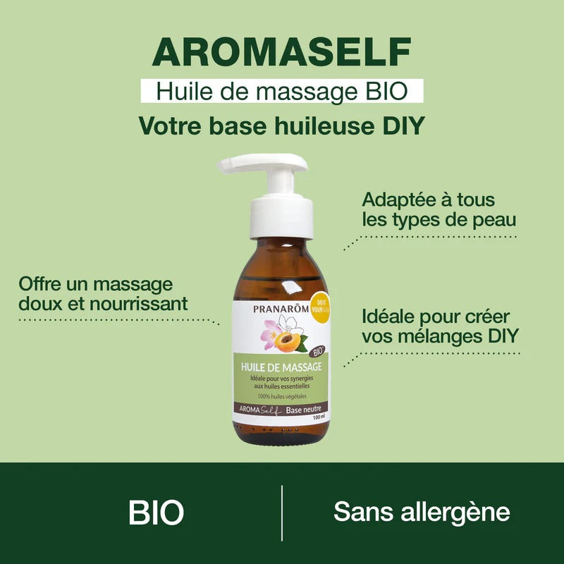 BOUTEILLE D'HUILE DE MASSAGE  AROMASELF BASE NEUTRE  DE MARQUE PRANAROM ET SES PROPRIÉTÉS