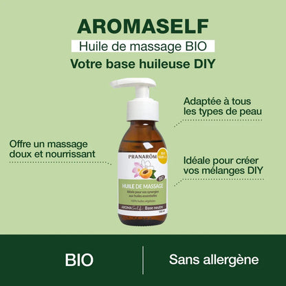 BOUTEILLE D'HUILE DE MASSAGE  AROMASELF BASE NEUTRE  DE MARQUE PRANAROM ET SES PROPRIÉTÉS