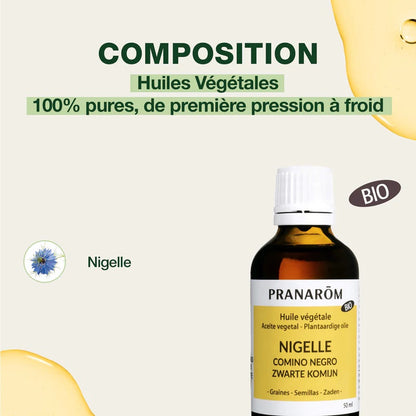 HUILE VÉGÉTALE DE NIGELLE (CUMIN NOIR) DE MARQUE PRANAROM ET SA COMPOSITION