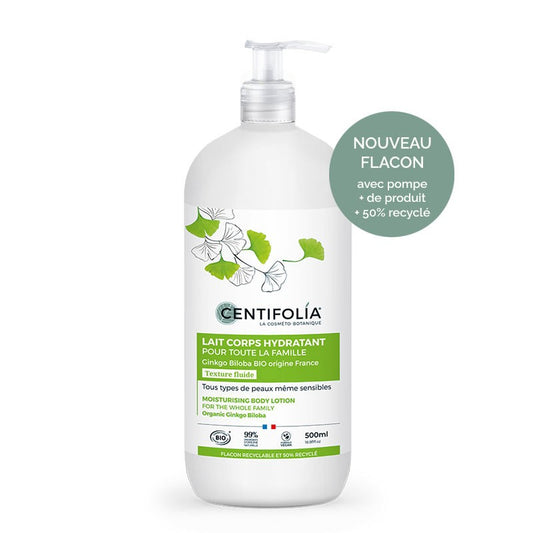 BOUTEILLE DE LAIT CORPS HYDRATANT AVEC POMPE POUR TOUTE LA FAMILLE FAIT À PARTIR DE GINKGO BILOBA DE LA COLLECTION HYDRATATION DE MARQUE CENTIFOLIA