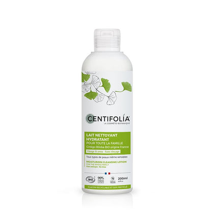 BOUTEILLE DE LAIT NETTOYANT HYDRATANT POUR TOUTE LA FAMILLE (VISAGE ET YEUX SANS RINÇAGE) FAIT À PARTIR DE GINKGO BILOBA DE LA COLLECTION HYDRATATION DE MARQUE CENTIFOLIA