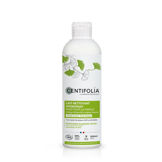 BOUTEILLE DE LAIT NETTOYANT HYDRATANT POUR TOUTE LA FAMILLE (VISAGE ET YEUX SANS RINÇAGE) FAIT À PARTIR DE GINKGO BILOBA DE LA COLLECTION HYDRATATION DE MARQUE CENTIFOLIA