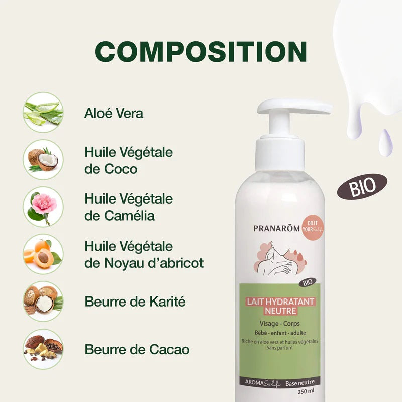 BOUTEILLE DE LAIT HYDRATANT AROMASELF BASE NEUTRE DE MARQUE PRANAROM ET SA COMPOSITION