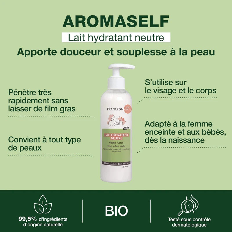 BOUTEILLE DE LAIT HYDRATANT AROMASELF BASE NEUTRE DE MARQUE PRANAROM ET SES PROPRIÉTÉS