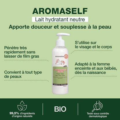 BOUTEILLE DE LAIT HYDRATANT AROMASELF BASE NEUTRE DE MARQUE PRANAROM ET SES PROPRIÉTÉS