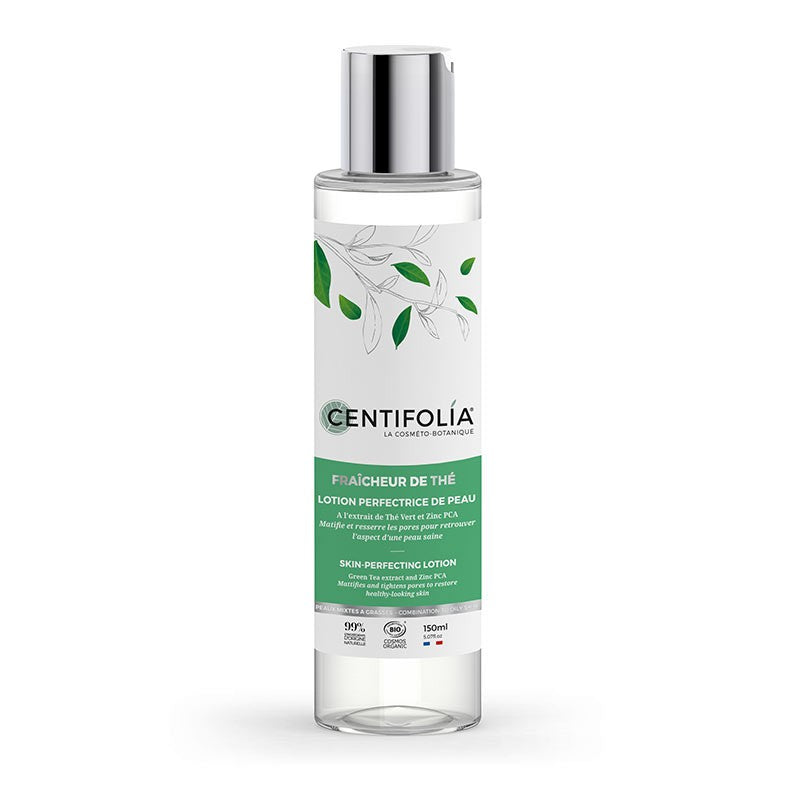 BOUTEILLE DE LOTION PERFECTRICE DE PEAU FAIT À PARTIR D'HYDROLAT DE THÉ VERT BIOLOGIQUE DE LA COLLECTION FRAÎCHEUR DE THÉ DE MARQUE CENTIFOLIA