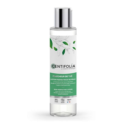 BOUTEILLE DE LOTION PERFECTRICE DE PEAU FAIT À PARTIR D'HYDROLAT DE THÉ VERT BIOLOGIQUE DE LA COLLECTION FRAÎCHEUR DE THÉ DE MARQUE CENTIFOLIA
