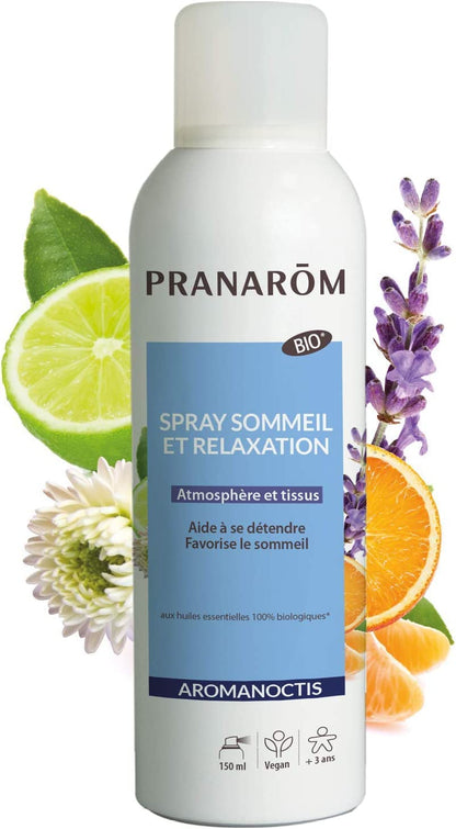 bouteille AROMANOCTIS – Spray sommeil relaxation - BI0 avec bouquet de fleurs et fruits derrière