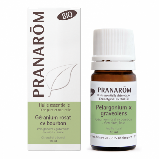 bouteille d'huile essentielle de Géranium rosat cv bourbon - BIO avec son emballage