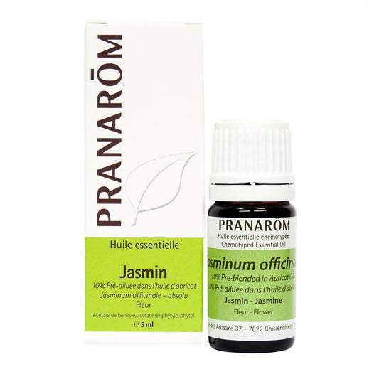 bouteille d'huile essentielle Jasmin 10% pré-diluée avec son emballage