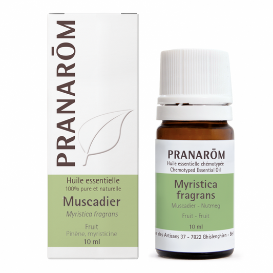 bouteille d'huile essentielle Muscadier avec son emballage