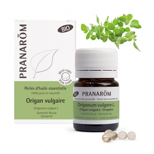 perles d'huile essentielle 100% pure et naturelle d'origan vulgaire avec son emballage et la plante