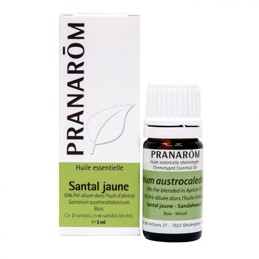 bouteille d'huile essentielle de Santal jaune (10% pré-diluée) avec son emballage